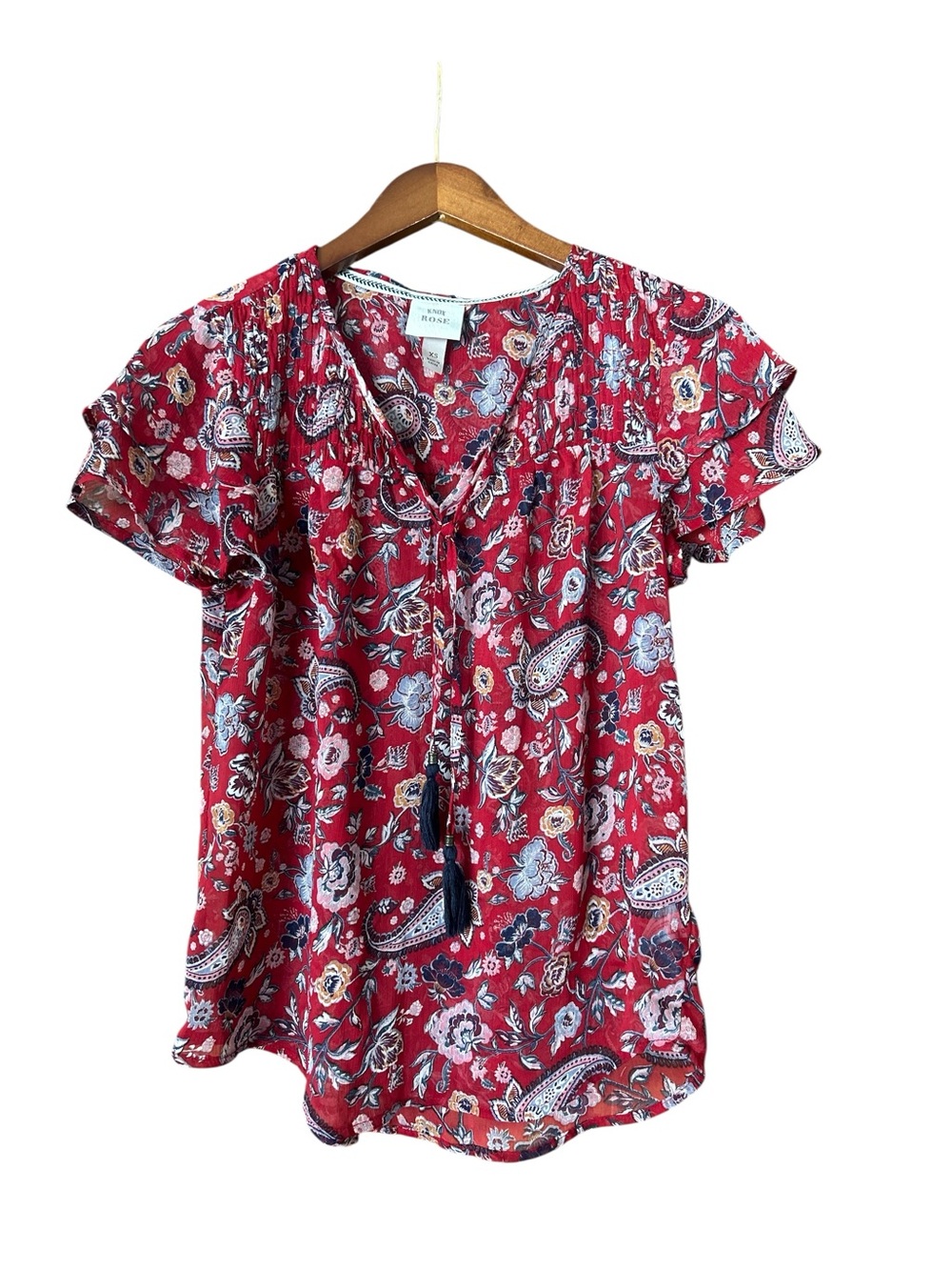 Red Paisley Tie-Front Flutter Sleeve Top